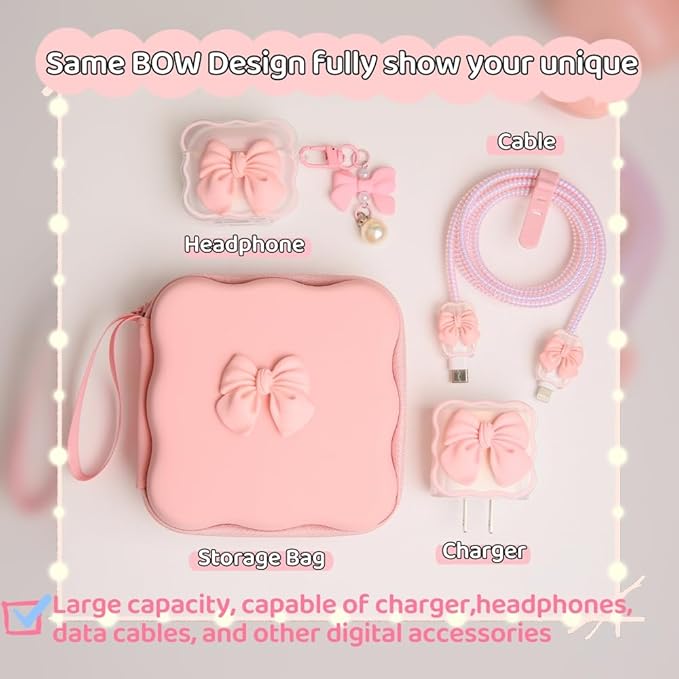 Charger Cover Storage Bag, Cute 3D Bow Tie Waves Design Charger Protector Travel Storage Case, Earphone Wire Saver Cable Cord Organizer Wireless Earphone Storage Box, Pink Bow