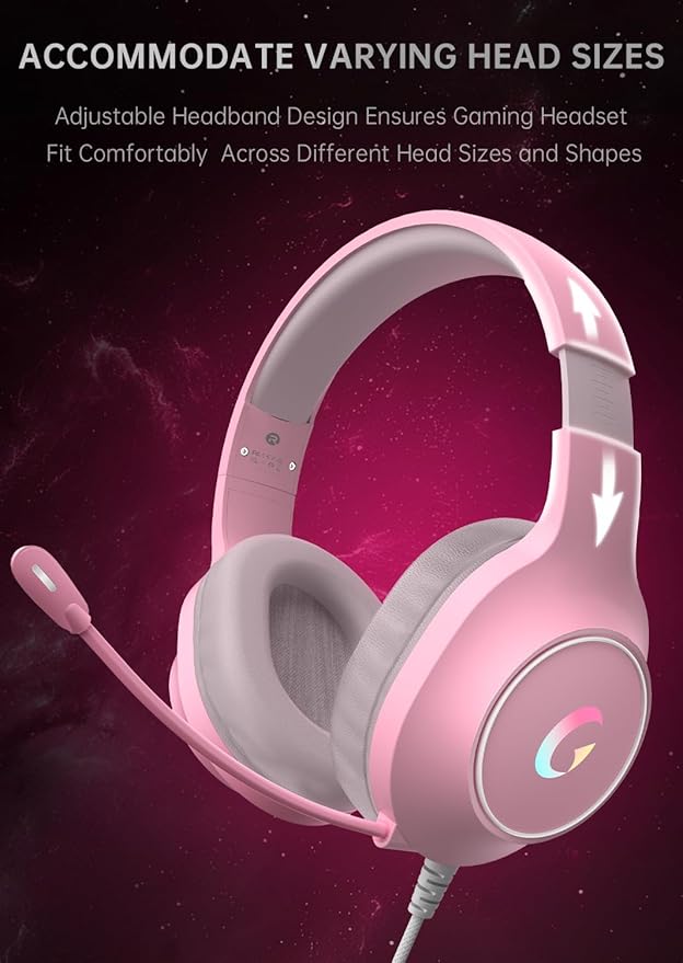 syndesmos CM7002 Gaming Headset for PS5, PS4, PC, Mac, Switch, Xbox Series, Surround Sound RGB Gaming Headphones with Noise Canceling Microphone, 50MM Dynamic Drivers, 3.5MM Audio Jack, Light Pink