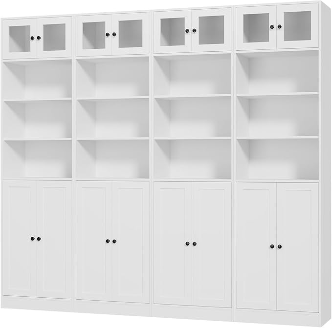 TUSY 85.5 Inch Tall Bookshelf with Doors - 7 Tier Bookcase with Glass Doors and Drawer, 23.6" Wide Storage Cabinet with Open Shelves for Living Room, White Book Shelf for Home Office, Study (AAAA)