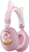 Xmenha Pink Cat Ear Headphones for Kids, Cute Children Girl Wireless Bluetooth Headphones for School, Kindergarten Light up Kawaii Kitty Noise Cancelling Headphones for Kids Teens Child Airplane