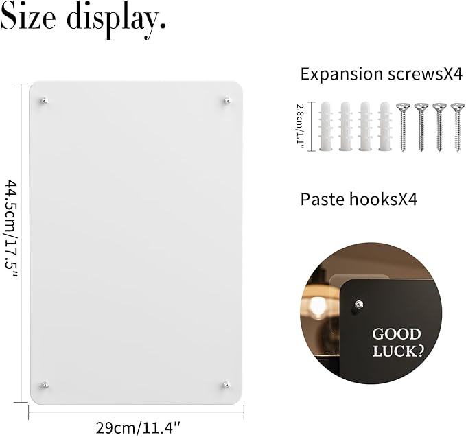 FANXIYQ Magnetic Board for Wall with 4 Expansion Screws & 4 Paste Hooks - Durable Metal Bulletin Board for Home/Office Organization, Display Souvenir Magnets, Photos & Notes,White