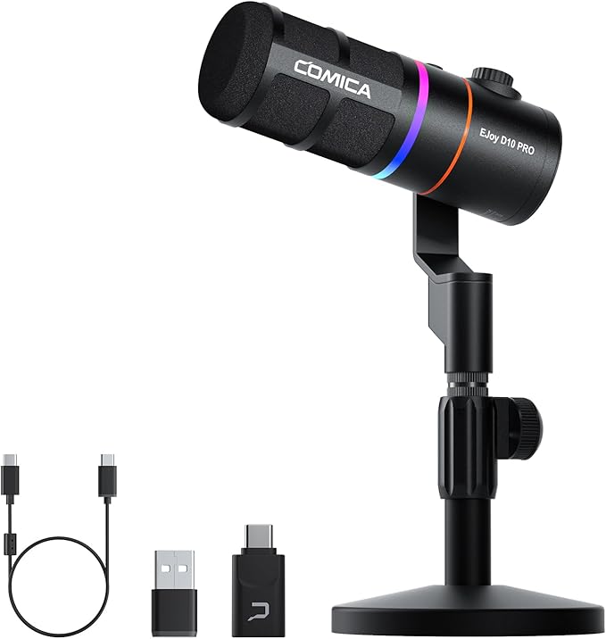 EJoy D10 PRO(D) Wireless USB Gaming Microphone – RGB Dynamic Mic with Wired/Wireless Modes, XLR/USB-C, Real-Time Monitoring, 45H Battery, Studio Mic for Gaming, Streaming, Podcast, Recording (Black)