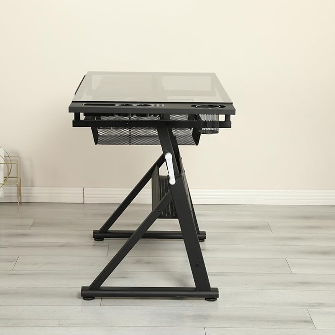 Adjustable Height Drafting Table with Storage Drawers & Stool for Adults, Glass Art Desk with Side Storage Strips, Drawing Table with Tilted Tabletop for Art Office Study (Black+Glass A)