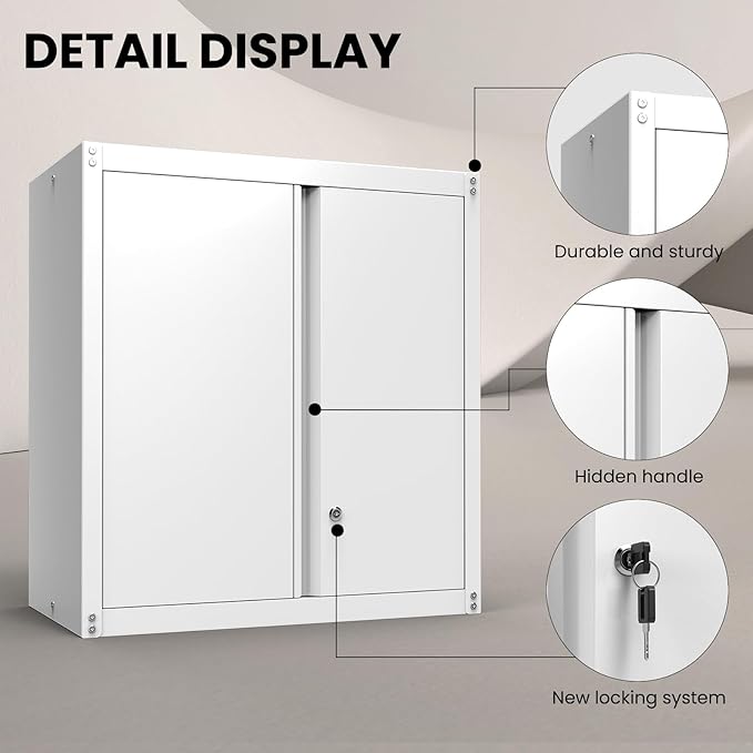 Metal Storage Cabinet with Lock, Kitchen Cabinets Wall Mounted, Steel Wall Cabinet with Doors and Shelves, Hanging Cabinet for Laundry, Pantry, Home Office, White