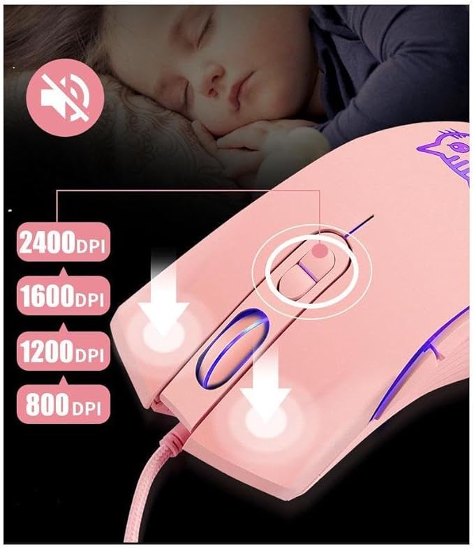 Gaming Wired USB Mouse, 2400DPI 4 Adjustable Levels, Ergonomic Slient Mouse for PC/Desktop/Laptop - Pink Cat