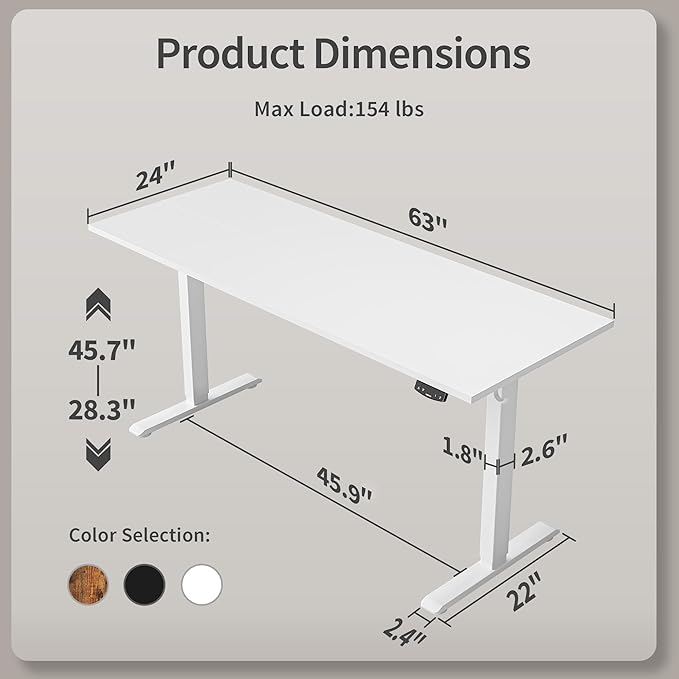 Agilestic Electric Standing Desk, 63 x 24 Inches Height Adjustable Desk, Sit Stand up for Work Office Home, Ergonomic Rising Computer Table with Memory Preset, White