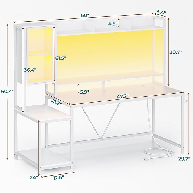 SEDETA White Gaming Desk, 60'' Gaming Desk with Hutch and LED Lights, Computer Desk with Storage Shelves, Large PC Gamer Desk with Display Cabinet, Monitor Stand, Power Outlet for Home Office