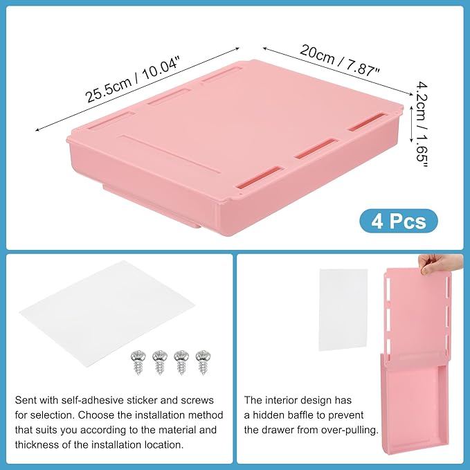 PATIKIL Under Desk Drawer, 4 Pcs Under Table Storage Self-Adhesive Attachment Drawers Organizer for Pens Standing Desk Office Studio Home, Pink, Large