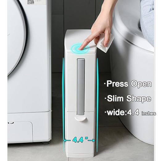 Slim Bathroom Trash Cans with Lid 4.4 Inches Wide/0.7 Gallons(3 Liters),Small Narrow Lidded Bathroom Trash Can with Toilet Brush for RV Camper,Tiny Garbage Can Rv Accessories for Inside(White)