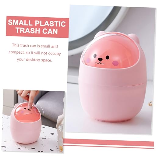 Cute Bear Mini Desktop Trash Can Lid Slim Plastic Trash Bin for Home Office Cartoon Garbage Container for Bedroom and Desk