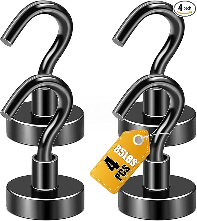 DIYMAG Black Magnetic Hooks, 85 LB Heavy Duty Strong Magnets with Hook, Rare Earth Neodymium Magnet Magnetics for Cabins Cruise Ship Essentials 4 Packs