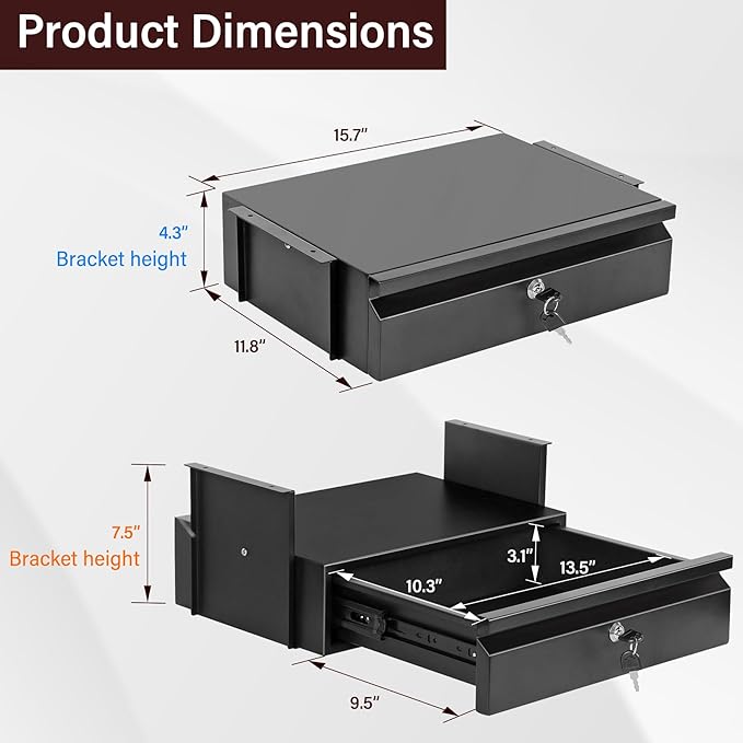 Under Desk Drawer 15.7" x 11.8" x 4.3", Under Desk Pull Out Drawer with Lock and Keys, 4.3” & 7.5” Optional Bracket Height, Storage Organizer for Workbench with Drawers