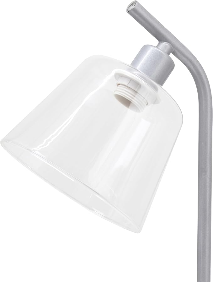 Simple Designs LD1074-SLV 15.75" Sleek Essentials Modern Industrial Metal Desk Lamp with Clear Glass Shade and Dual USB Ports, for Office, Desk, Nightstand, Dorm, Silver