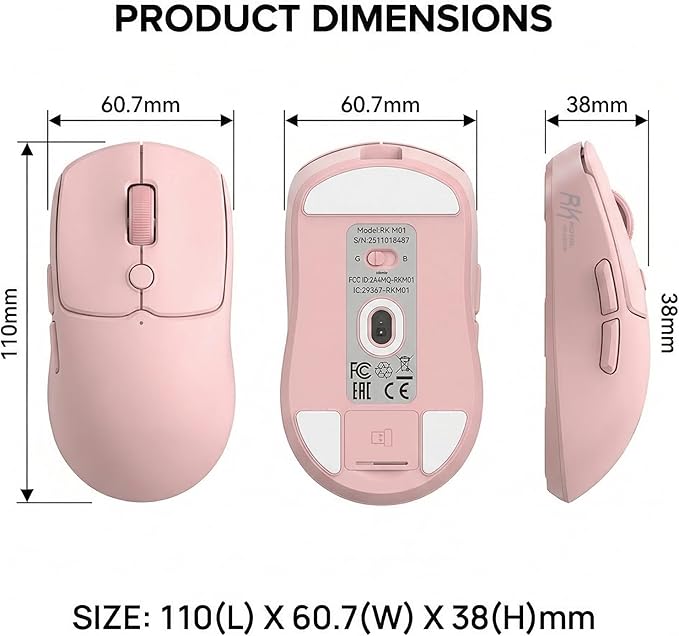 RK ROYAL KLUDGE MO1 Wireless Mouse, 55g Ultra-Lightweight Computer Mice, 6 Programmable Buttons, 2.4GHz/Bluetooth/Wired, 6000 DPI Optical Sensor, Pink