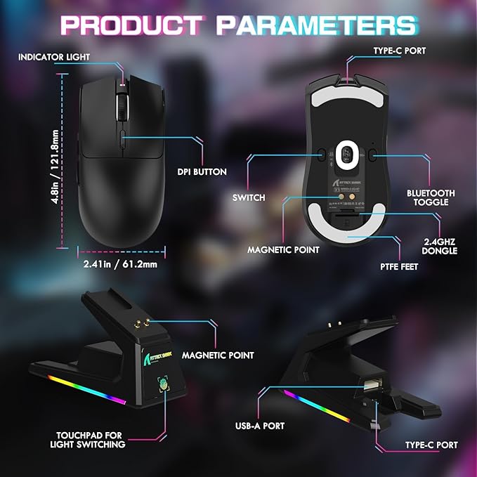 ATTACK SHARK X1 Ultralight Wireless Gaming Mouse with Magnetic RGB Charging Dock,PixArt PAW3395 Pro Sensor,40000DPI,BT/2.4Ghz/Wired,1K Polling,Optical Micro Switch,Web Driver for PC Mac Gamer(Black)