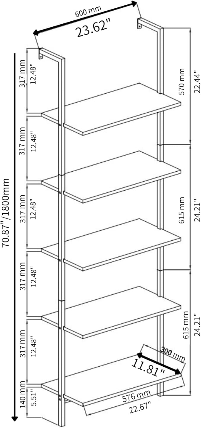 Karl home Ladder Shelf 5 Tier Wall Mounted Bookcase with Metal Frame, Open Design Shelves for Living Room, Bedroom, Home, Office, White (23.62" L x 11.81" W x 70.87" H)