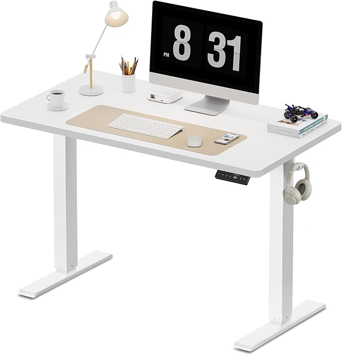WALKINGDESK 40x24 Inches Height Adjustable Electric Standing Desk with 2 Hooks for Home Office, Ergonomic Sit Stand up Desk with Splice Board, White