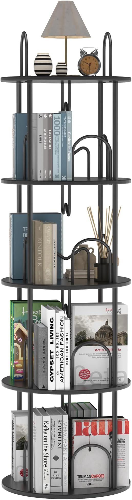 4 Tier Rotating Bookshelf, 360° Spinning Bookshelf Tower, Narrow Corner Book Shelf, Revolving Bookcase Corner Tall Book Shelf for Small Spaces, Bedroom, Living Room, Black