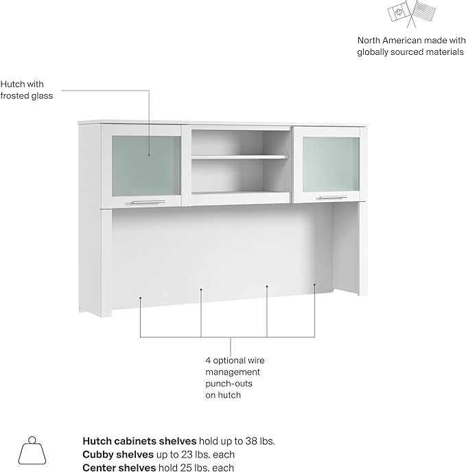 Bush Home 60-Inch Desk Hutch, Office Storage Organizer with Shelves, Cubbies and Frosted Glass Doors for Computer Desk, Home Office Furniture, Somerset Collection, White