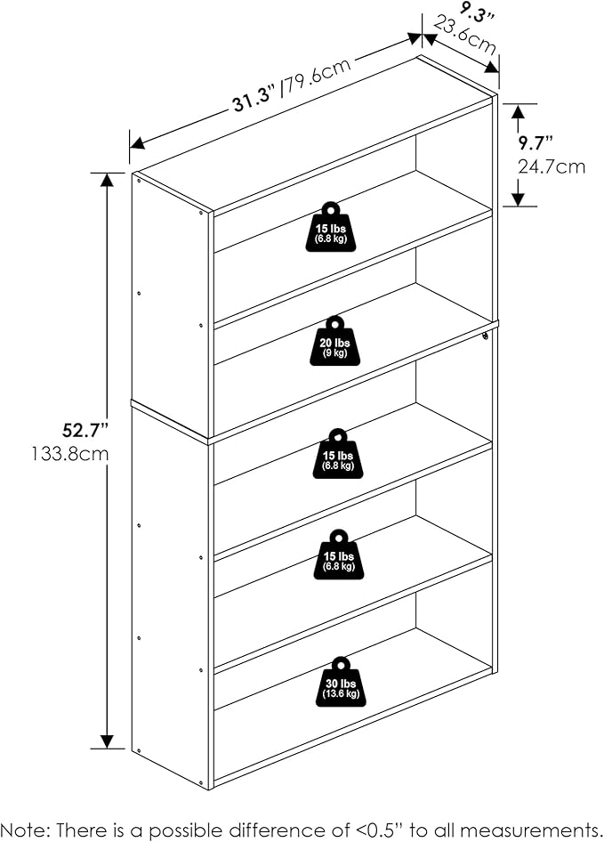 Furinno PASIR Book Shelf, 5-Tier Bookshelf, Bookcase with Open Shelf, 9.4 x 31.5 x 52.7, for Living Room, Bedroom, Home Office, White