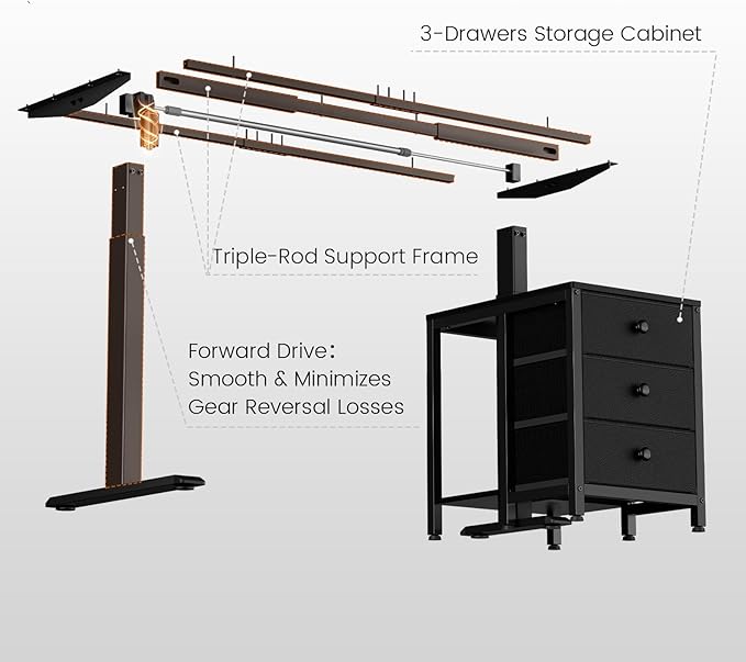 REAHOME Electric Standing Desk with Drawers, 47 x 24 Inches Height Adjustable Sit Stand Desk with Storage, 3 Memory Preset Home Office Computer Desk, Printer Cabinet, 2 Hooks, Cable Management, Black