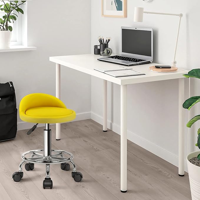 KKTONER PU Leather Round Rolling Stool with Foot Rest Height Adjustable Swivel Drafting Work SPA Task Chair with Wheels (Yellow)