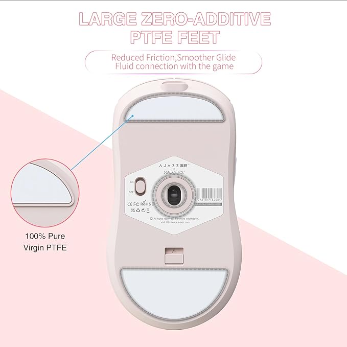 Ajazz Wireless Gaming Mouse,USB-C Rechargeable 59g Ultralight Computer Mouse,High Performance PAW3395,26000DPI,6 Macro Buttons, 40Hrs Power Life,2.4Ghz 1ms,Detachable Magnetic Rear Panel,2in1,Pink