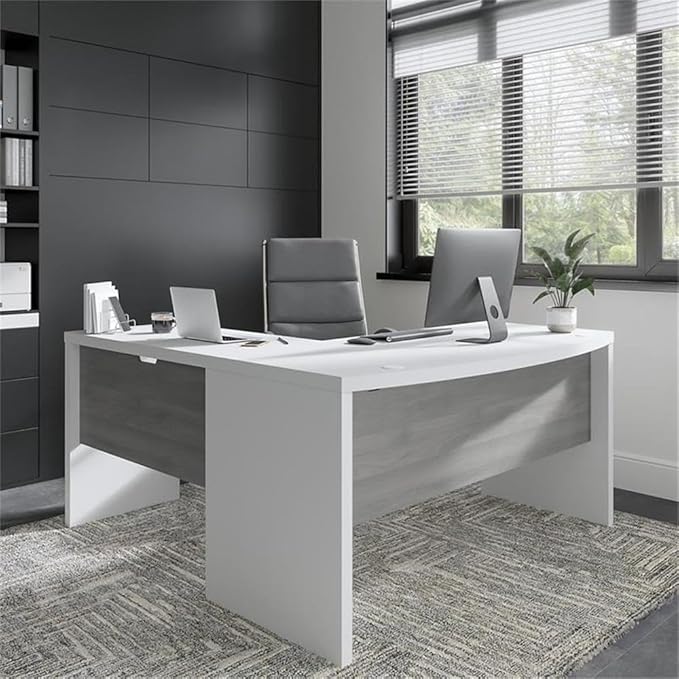 Pemberly Row Set of 2 L-Shaped Bow Front Desk & 5-Shelf Bookcase in White & Gray