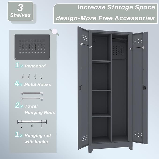 IRONFFICE Metal Lockable Storage Cabinet,Tall Garage Storage Cabinets with 2 Doors,Locking Cabinets for Office,Home,Utility Room,Grey