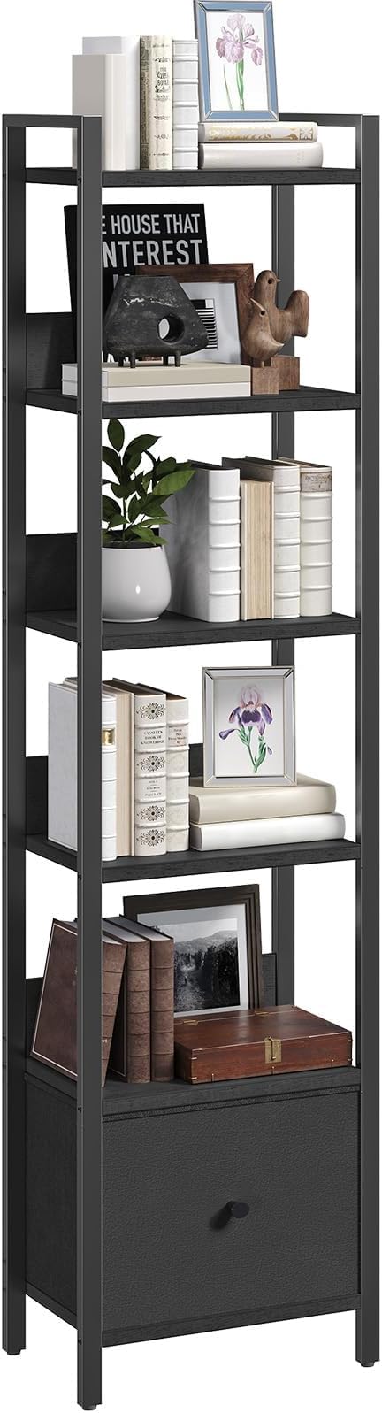 MAHANCRIS Bookshelf, 6-Tier Bookcase with Drawer, Small Book Shelf for Small Space, Storage Shelf Organizer, for Living Room, Bedroom, Study, Kitchen, Black BKHB66101