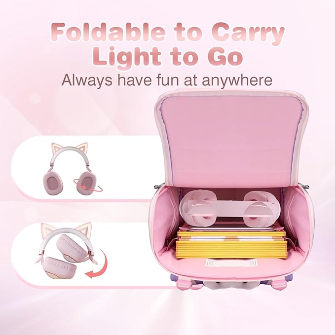 Xmenha Pink Cat Ear Headphones for Kids, Cute Children Girl Wireless Bluetooth Headphones for School, Kindergarten Light up Kawaii Kitty Noise Cancelling Headphones for Kids Teens Child Airplane