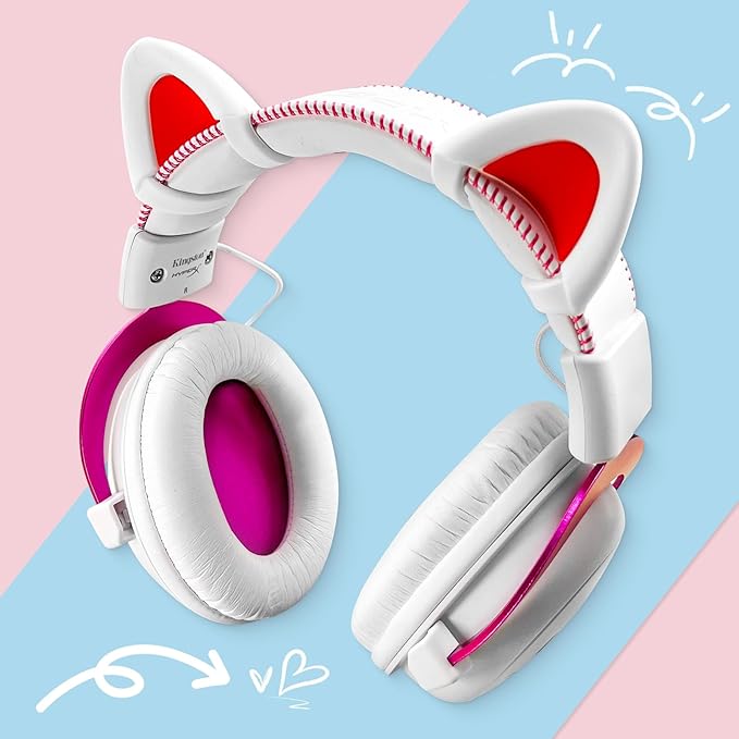 REEYEAR Cute Pink Cat Ears Fits for HypreX Cloud/Cloud Stinger/Cloud Flight Headsets, Universal Fit Lovely Kitty Adjustable Attachment Straps for Video Live Gaming Headphone, Snow&Ruby