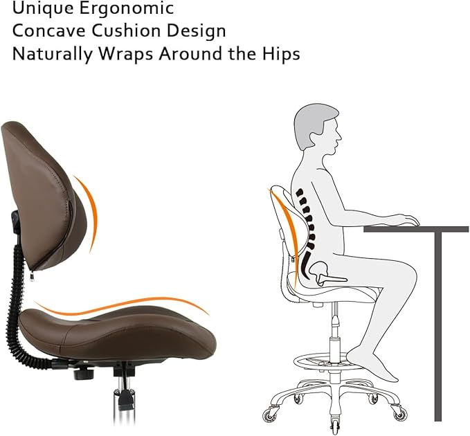 Rolling Swivel Drafting Chair Adjustable Heavy Duty (400lbs) Lumbar Support Task Chair for Home Desk Studio Design Lab(Triangular Back Coffee)
