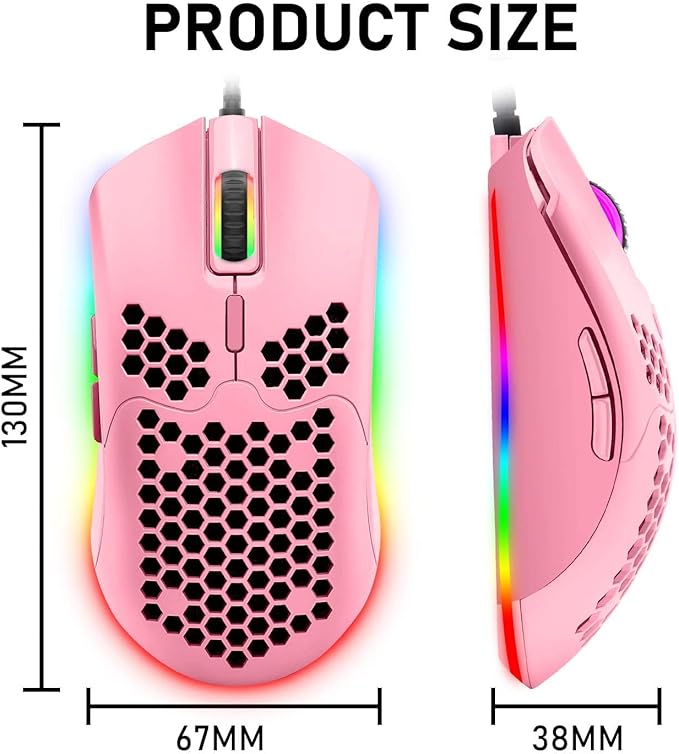 Lightweight Gaming Mouse,26 kinds RGB Backlit Mice,PixArt 3325 12000 DPI Mouse,Ultralight Honeycomb Shell Ultraweave Cable Mouse and Anti-key Can Be Set for PC Gamers and Xbox and PS4 Users(Pink)