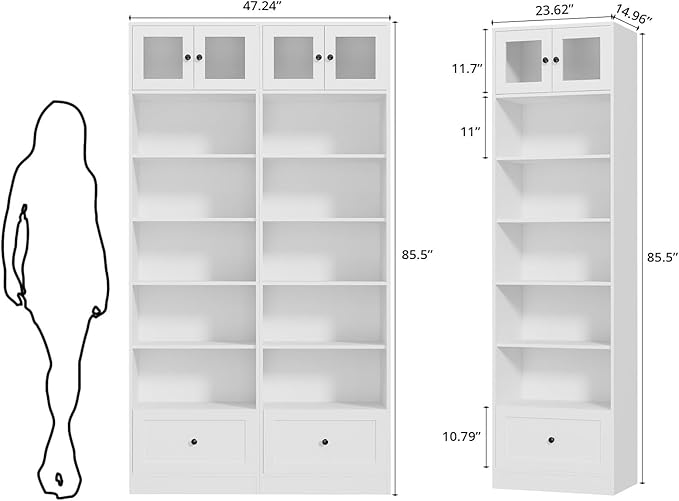 TUSY 85.5 Inch Tall Bookshelf with Doors - 7 Tier Bookcase with Glass Doors and Drawer, 23.6" Wide Storage Cabinet with Open Shelves for Living Room, White Book Shelf for Home Office, Study (BB)