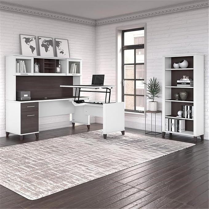 Pemberly Row Sit to Stand L Desk Set, 72W Engineered Wood Desk with Hutch, 5 Shelf Bookcase, White/Gray Finish, Adjustable Height Office Furniture for Ergonomic Workspaces