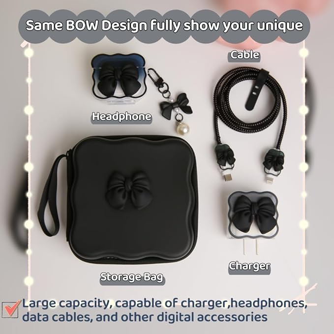 Charger Cover Storage Bag, Cute 3D Bow Tie Waves Design Charger Protector Travel Storage Case, Earphone Wire Saver Cable Cord Organizer Wireless Earphone Storage Box, Black Bow