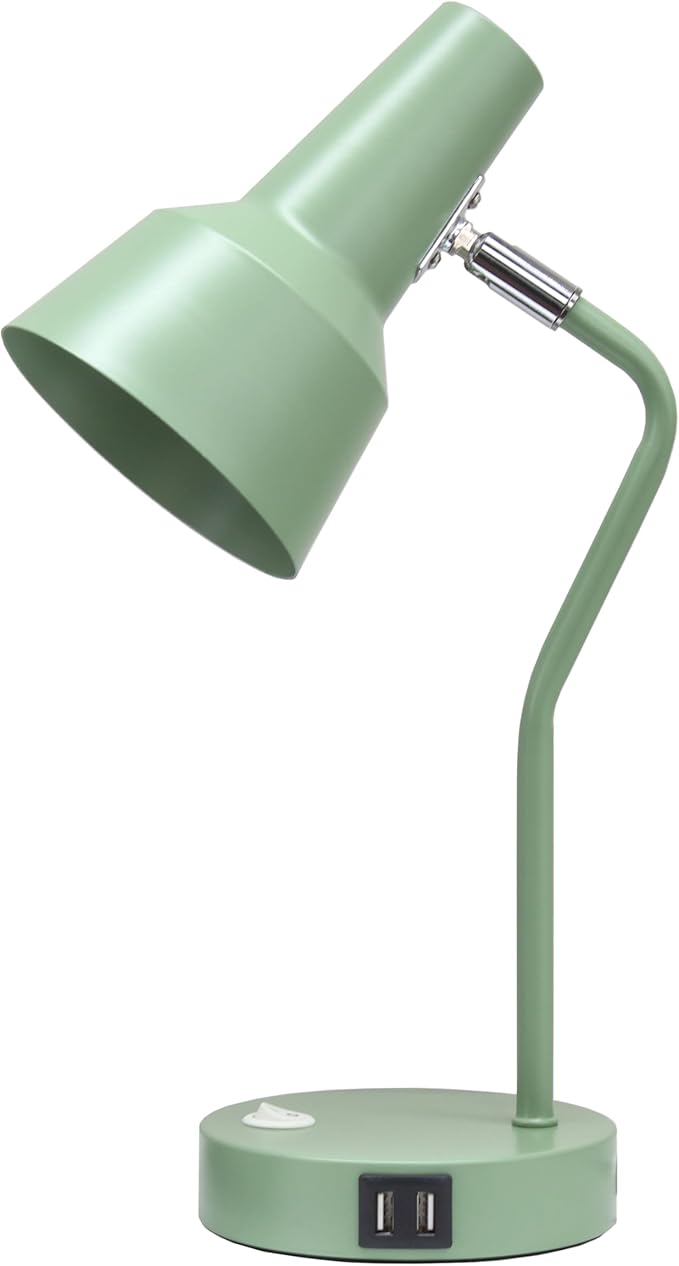Simple Designs LD1072-SGE 15.2" Sleek Essentials Metal Cone Shade Desk Lamp with Adjustable Shade and Dual USB Ports, for Office, Desk, Nightstand, Dorm, Sage Green
