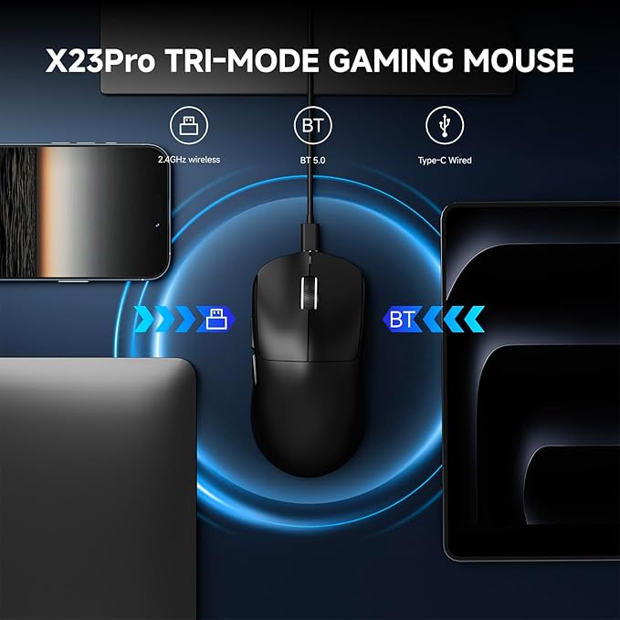 EWEAND X23 Pro Gaming Mouse, Tri-Mode 2.4G/USB-C/BT 5.4 Wireless Mouse, PAW3311 Sensor,12000 DPI, 59g Lightweight, Zero Delay, Ergonomic Computer Mouse with Anti-Slip Grip Tape for Laptop/PC/Mac-Black