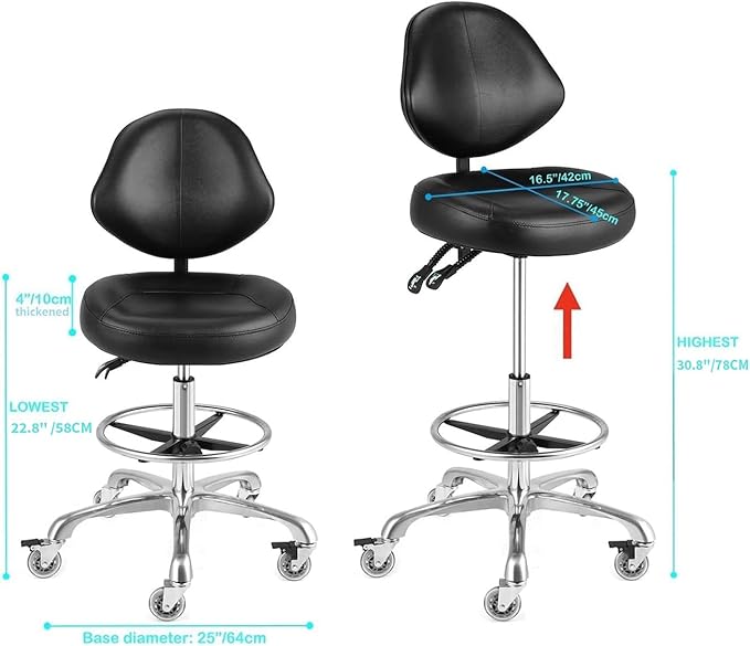 Rolling Drafting Chair with Back Support - Tall Office Chair for Standing Desk Adjustable Foot Ring Swivel Rolling Stools for Workshop Art Studio Salon Shop Counter Home Office (Black)