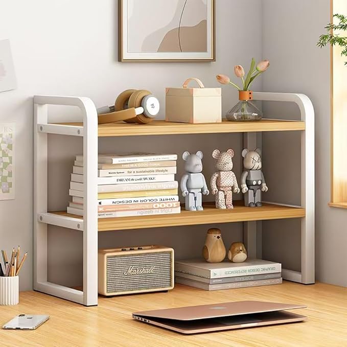 Hbluefat Desktop Organizer Shelf, 2-Tier Adjustable Desk Bookshelf, Tabletop Small Wood Bookcase, Multipurpose Display Storage Rack for Home Office (Wood+White)