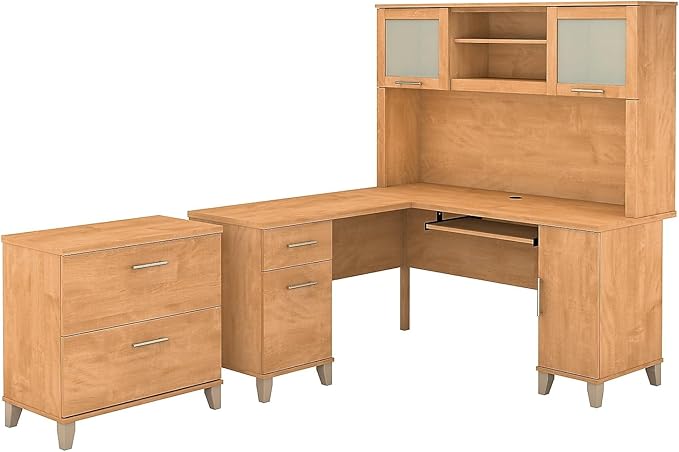 Bush Furniture Somerset 60W L Shaped Desk with Hutch and Lateral File Cabinet in Maple Cross