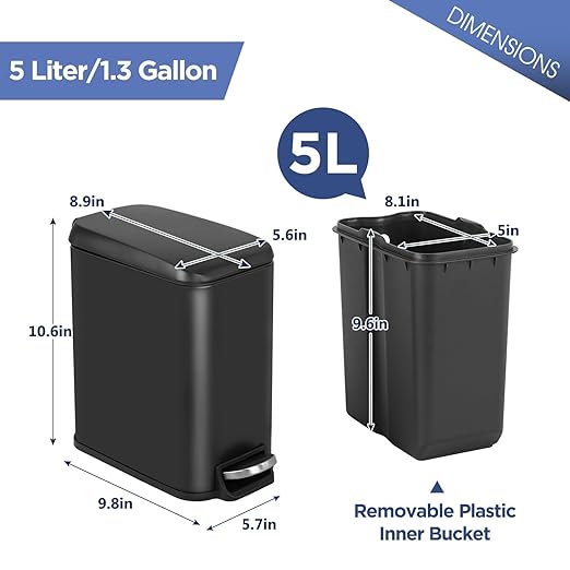 Bigacc 1.3 Gallon Kitchen Trash Can, Stainless Steel Small Trash Can & Mini Garbage Can with Removable Plastic Inner Bucket Lid, Foot Pedal, Waste Bin for Bathroom,(2 Set)