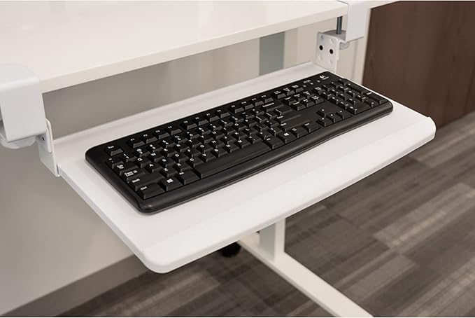 Stand Up Desk Store Compact Clamp-On Retractable Adjustable Keyboard Tray/Under Desk Keyboard Tray | Increase Comfort and Usable Desk Space | for Desks Up to 1.5" (24.5" x 11.5") (White) (Small)