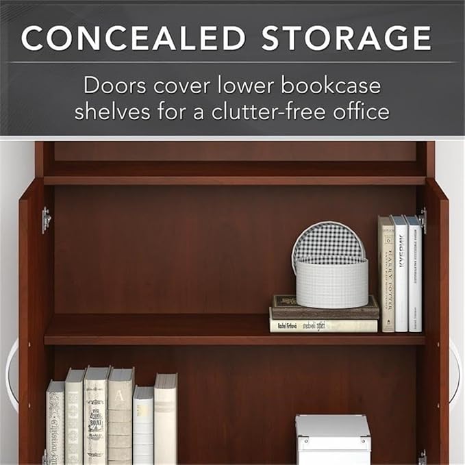 Pemberly Row Set of 2 5-Shelf Bookcase with Doors & L-Shaped Desk with Drawers