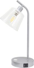 Simple Designs LD1074-SLV 15.75" Sleek Essentials Modern Industrial Metal Desk Lamp with Clear Glass Shade and Dual USB Ports, for Office, Desk, Nightstand, Dorm, Silver