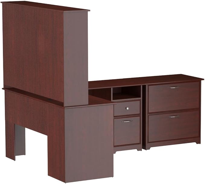 Bush Furniture Cabot 60W L Shaped Computer Desk with Hutch and Lateral File Cabinet in Harvest Cherry
