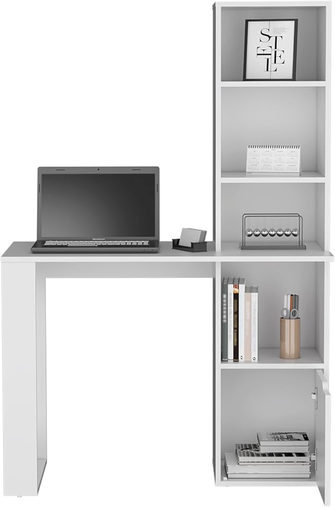 Iowa Computer Desk with Spacious Work Surface, Integrated Four-Tier Bookcase, Single-Door Storage Cabinet and Modern Space-Saving Design for Organized Home Office, Study Area or Creative Workspace