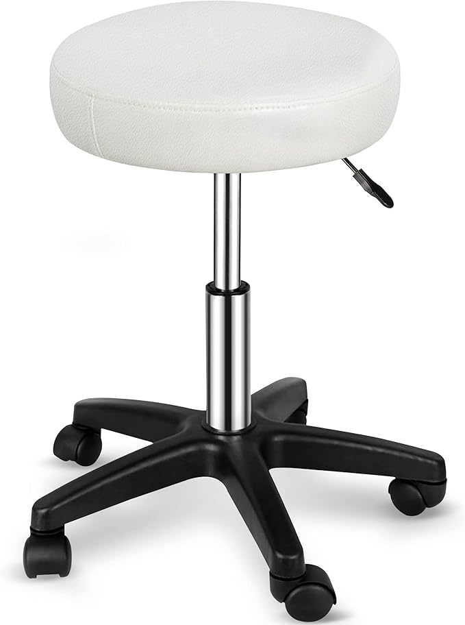 Nova Microdermabrasion Rolling Stool with Wheels Swivel Salon Stool Adjustable Drafting Tattoo Office Chair for Massage Bar Kitchen Spa Shop with Thick Cushion (White)