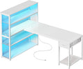 PRAISUN 57 Inch L Shaped Gaming Computer Desk with Larger Open Cabinet, Reverisble Office Desk with Power Outlets, LED Lights, Work Desk, Fabric Drawer, Adjustable Wood and Mesh Shelf, White